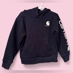Carhartt Boys Size 5 Hoodie Navy Blue Logo Sleeve Sweatshirt | EUC
